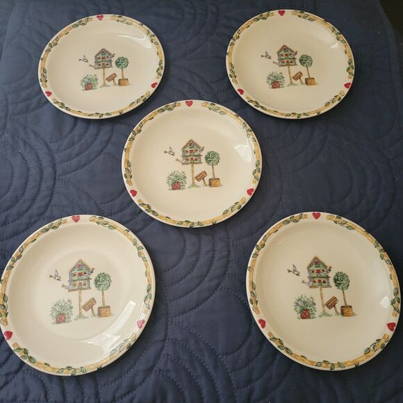 Thomson Pottery Birdhouse Bread Plates 6 3/8 Birds Red Hearts Blue Jay  set of 5 - Picture 5 of 5